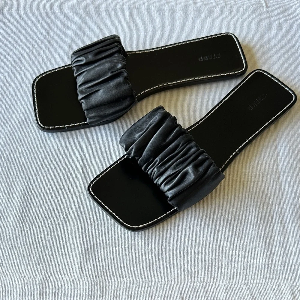 STAUD Black Nina Ruched Slide Slip On Leather Sandal Made in Portugal, Size 9